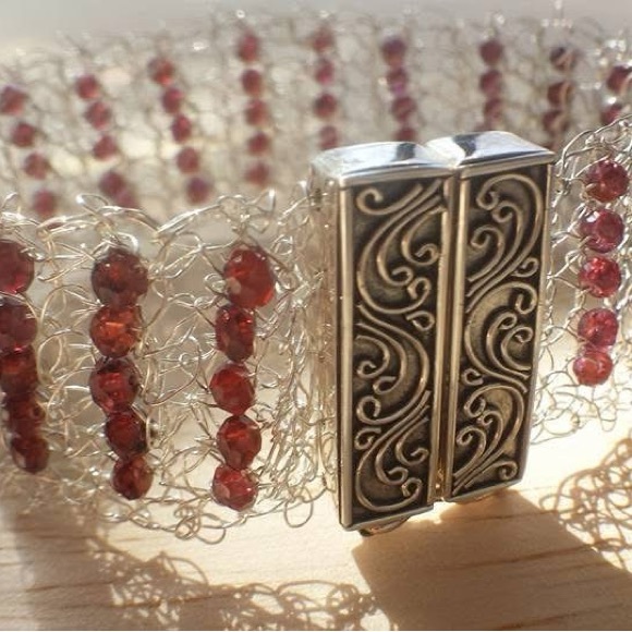 Designs by Ch Lovin Jewelry - Sterling Silver and Red Garnets Crocheted Bracelet.